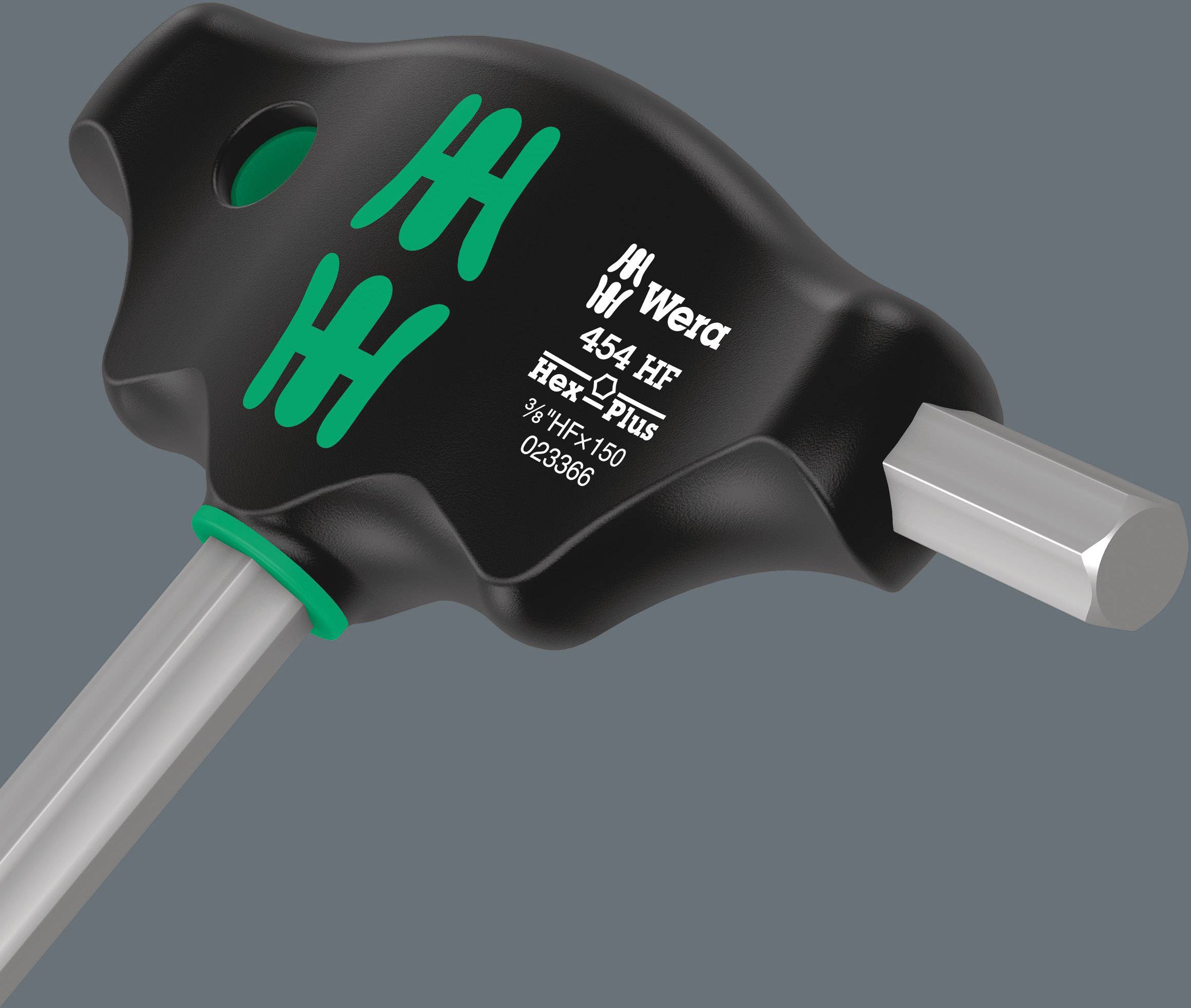 Ein T-Griff-Schlüssel von Wera mit der Aufschrift '454 HF Hex-Plus', '<br><br>% HF H5', '023068'. Der Griff ist schwarz mit grünen Elementen.