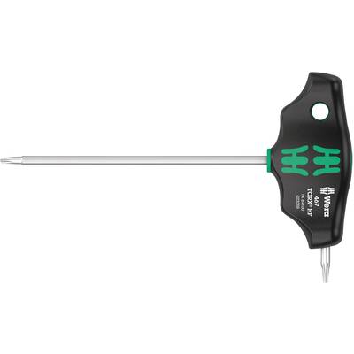 T-förmiger Torx-Schlüssel von Wera mit grün-schwarzem Griff und langem Metallstift, geeignet für Schraubarbeiten.