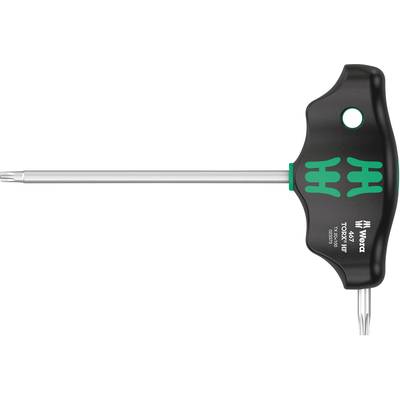 Torx-Schraubendreher mit T-Griff, geeignet für hohe Drehmomente. Schwarzer Griff mit grünem Design, langer Metallstab mit sechszackiger Spitze.