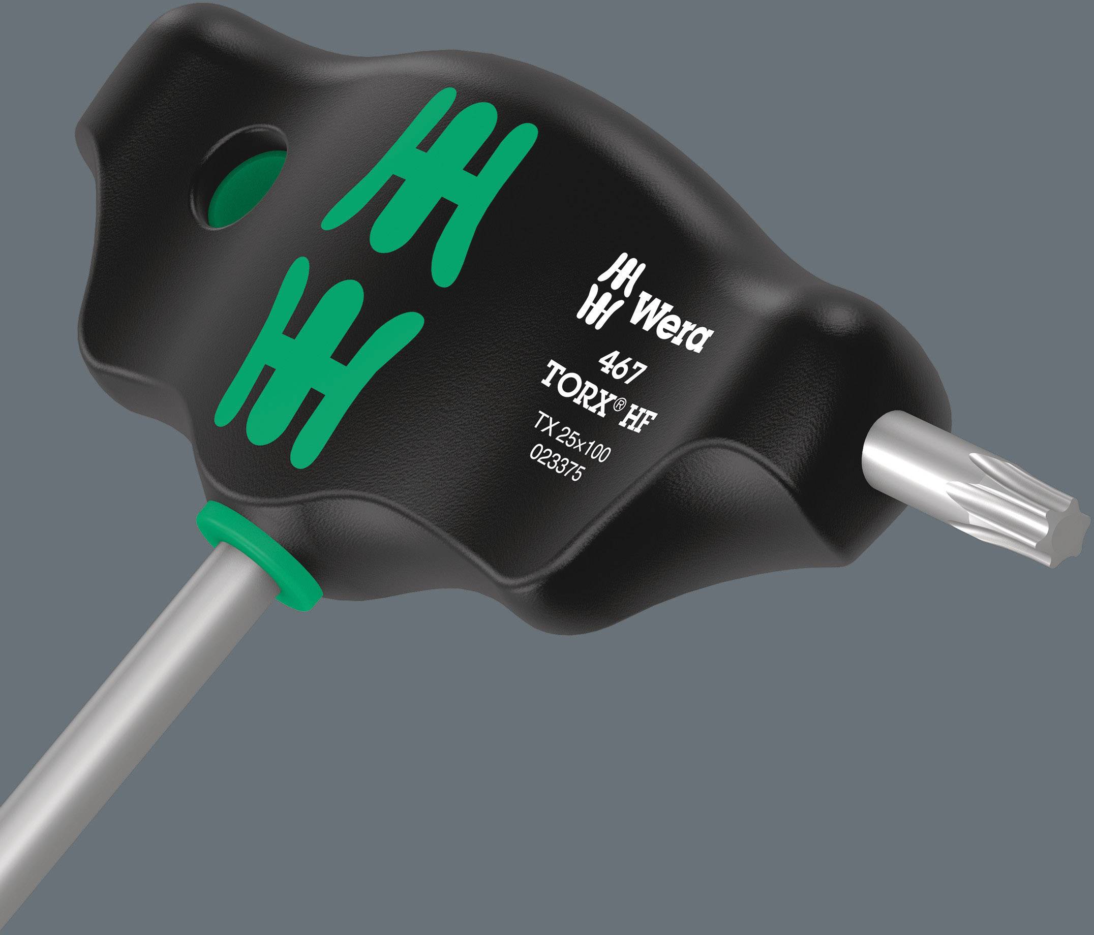T-förmiger Schraubendreher mit Torx-Kopf, schwarzem Griff und grünen Markierungen; Marke: Wera, Modell: 467 TORY HF.