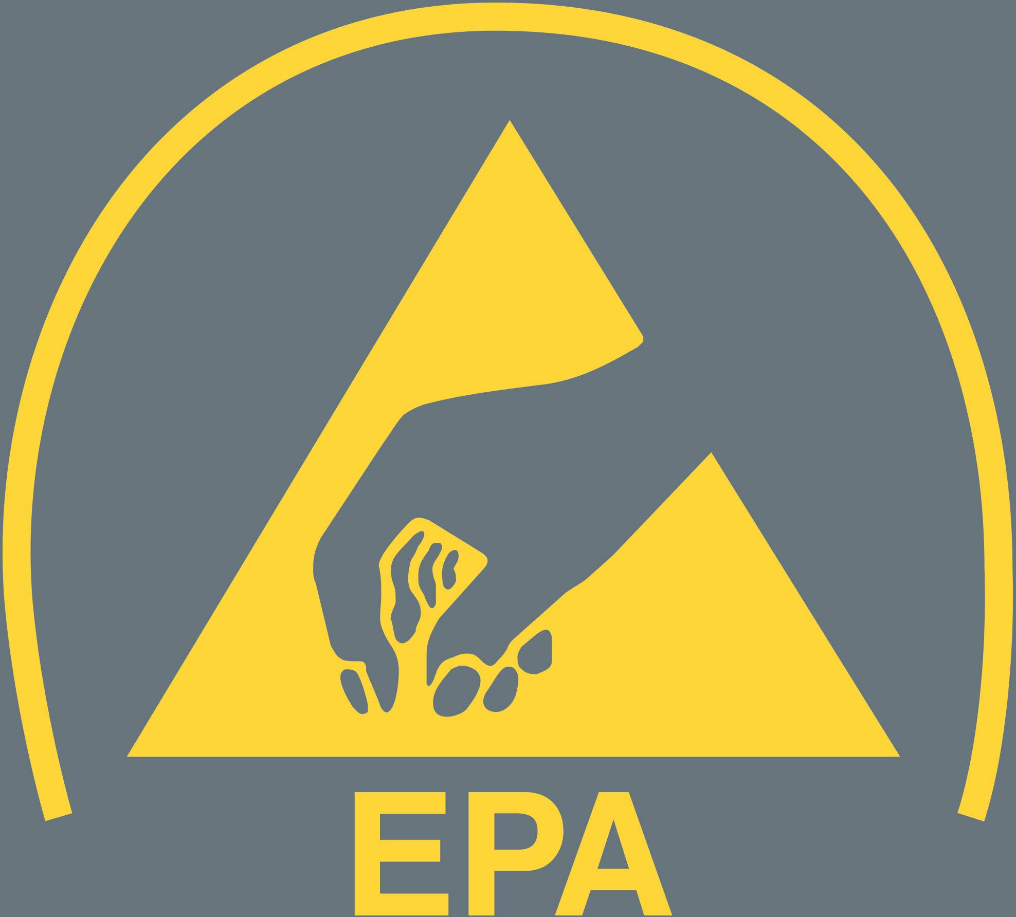 Ein gelbes Warnsymbol zeigt eine Hand, die ein Objekt aufhebt, mit den Buchstaben 'EPA' unten. Es warnt vor einem Elektrostatikbereich.