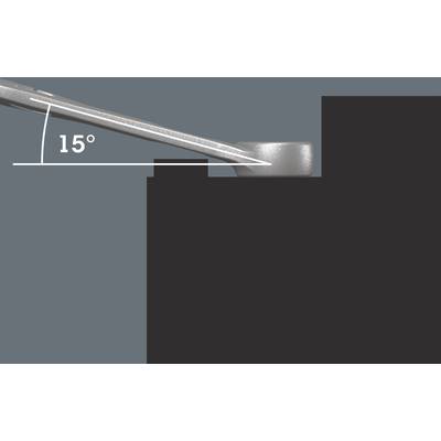 Ein Metallarm ist in einem 15-Grad-Winkel auf eine dunkle, abgestufte Oberfläche geneigt.