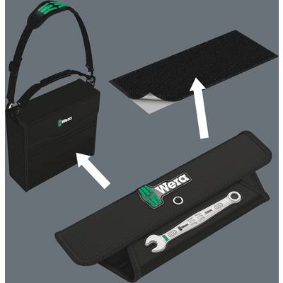 Werkzeugtasche von Wera mit einem verstellbaren Riemen, Klettverschluss und eingefasstem Schraubenschlüssel in einer Werkzeugtasche.