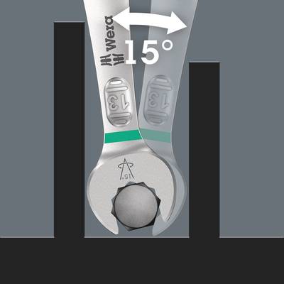 'Maulschlüssel positioniert in einem 15°-Winkel zum Schraubenkopf, ermöglicht einfacher Zugang in engen Räumen. Markenname Wera sichtbar.'