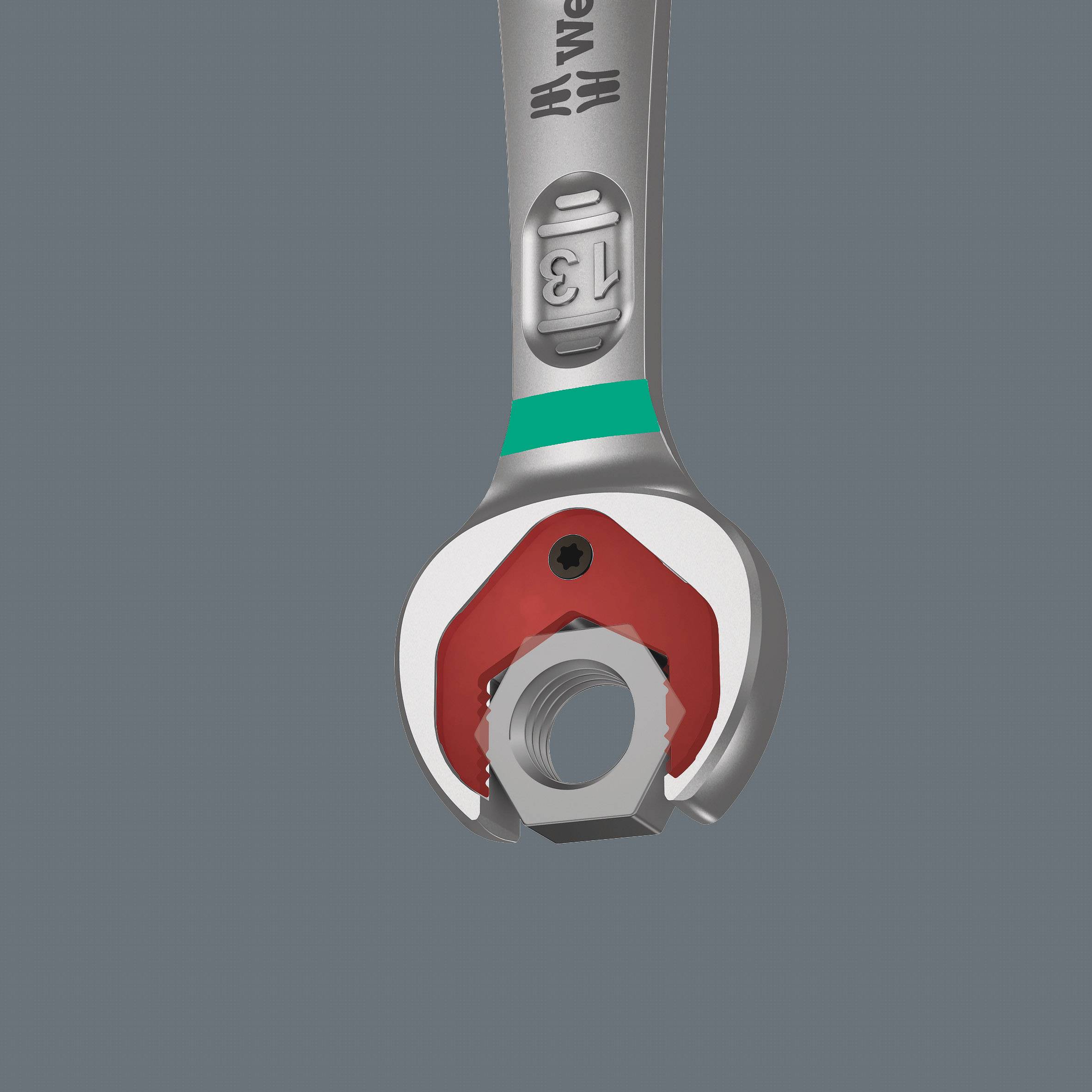 Ein Schraubenschlüssel greift eine Mutter. Der Schraubenschlüssel zeigt die Größe 13 und hat ein ergonomisches Design mit rutschfestem Griff.