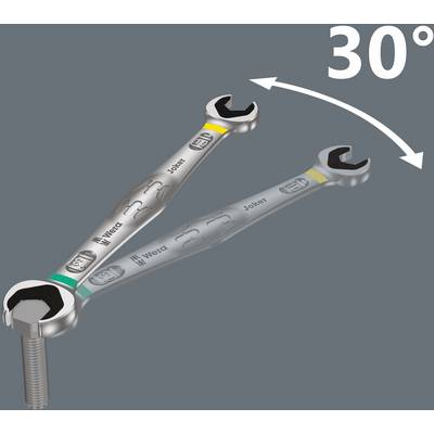 Zwei Schraubenschlüssel greifen um eine Schraube. Einer ist bei 30° angewinkelt, was Flexibilität bei der Arbeit mit engen Winkeln zeigt.
