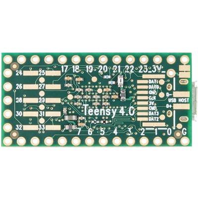 Mikrocontroller-Platine 'Teensy 4.0' mit zahlreichen Verbindungs-Pins und Beschriftungen auf grüner Leiterplatte.