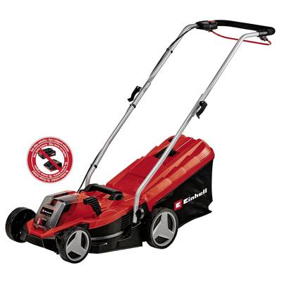 Ein roter Rasenmäher mit einem schwarzen Fangkorb und einem Metallgriff. Er ist kompakt und ergonomisch gestaltet.