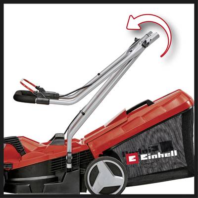 Ein roter Rasenmäher mit klappbarem Griff und einem Grasfangkorb, auf dem 'Einhell' steht. Klarer, funktioneller Designfokus.