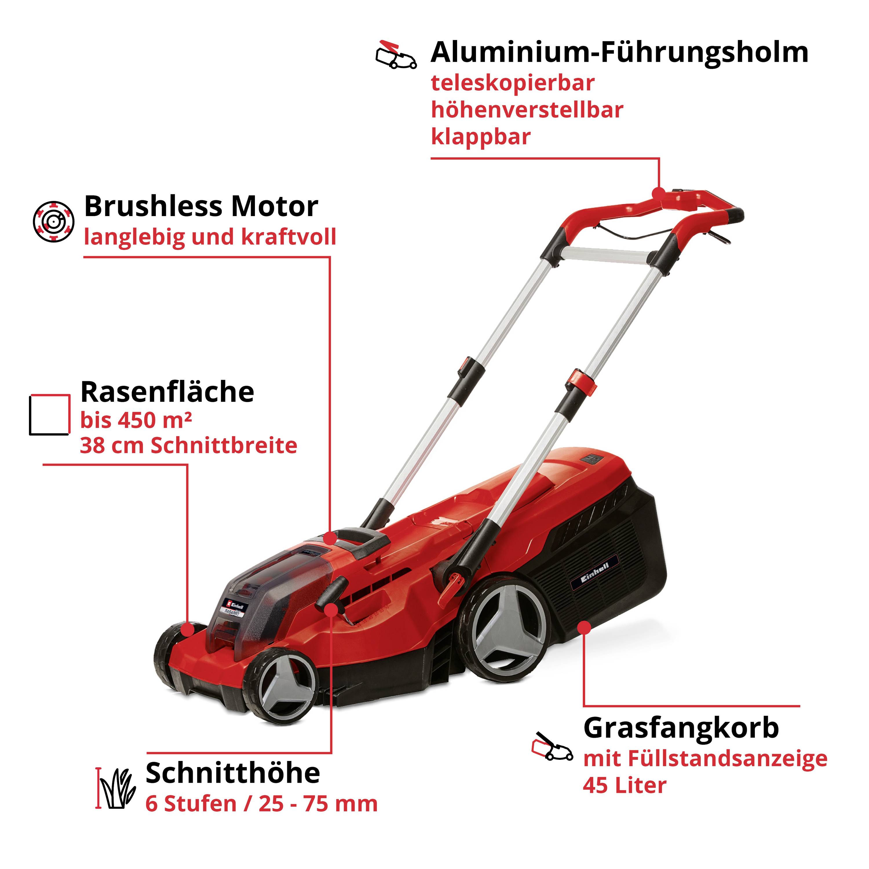 Roter Rasenmäher mit Aluminium-Führungsholm und brushless Motor. Er mäht Flächen bis 450 m² und hat eine Schnittbreite von 38 cm.