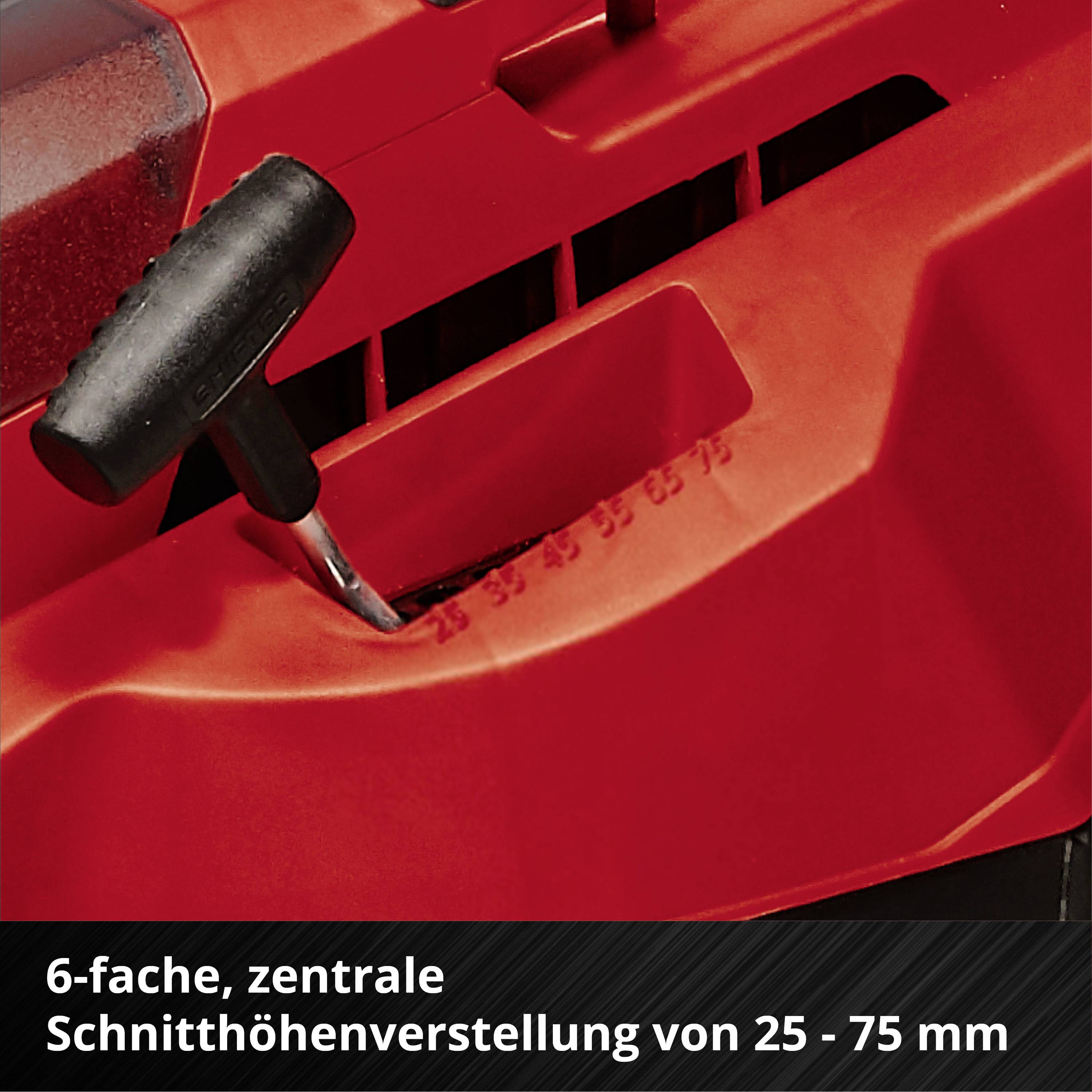 Roter Rasenmäher mit Hebel zur Höhenverstellung und Aufschrift '6-fache, zentrale Schnitthöhenverstellung von 25 - 75 mm'.