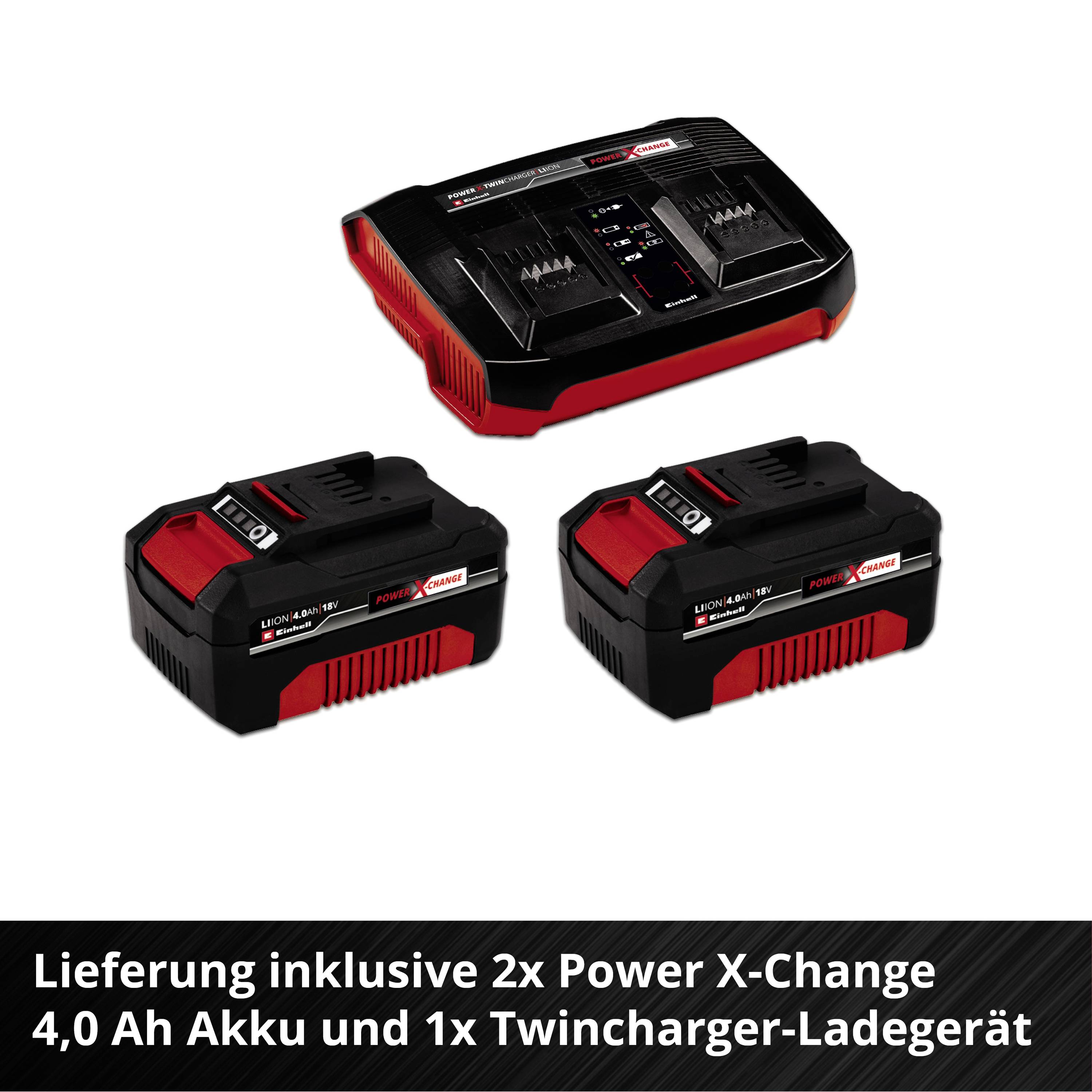 'Lieferung inklusive 2x Power X-Change 4,0 Ah Akku und 1x Twincharger-Ladegerät' mit Bild von zwei Akkus und einem Ladegerät.
