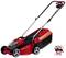 Ein roter Rasenmäher mit schwarzen Rädern und Griffen. Hinweis: 'Batterie und Ladegerät nicht enthalten'.