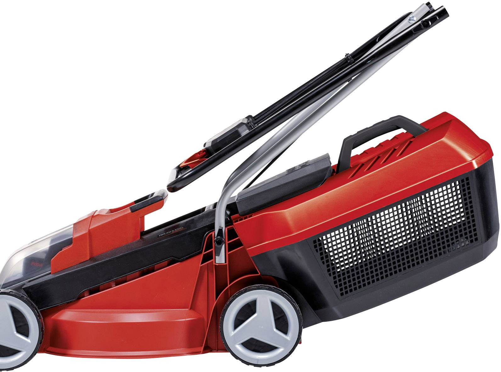 Roter und schwarzer elektrischer Rasenmäher mit geschlossenem Griff und Fangkorb, seitliche Ansicht.