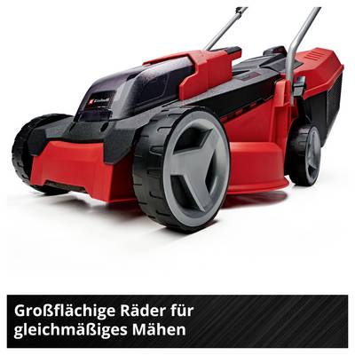Roter elektrischer Rasenmäher mit großen Rädern; Text: 'Großflächige Räder für gleichmäßiges Mähen'.