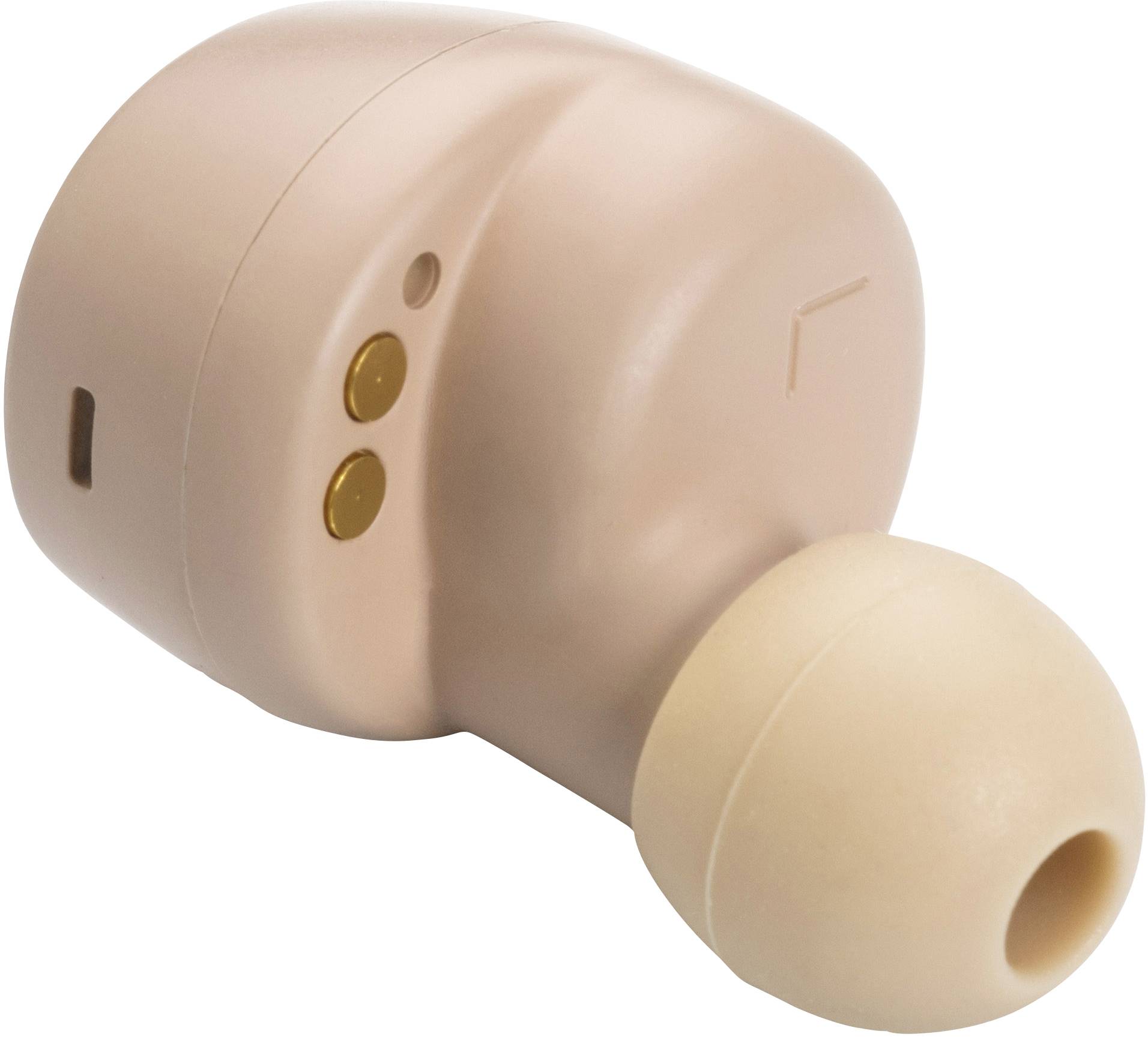 Ein einzelner kabelloser In-Ear-Kopfhörer in Beige mit zwei Goldkontakten und Ohrstöpsel aus Silikon.