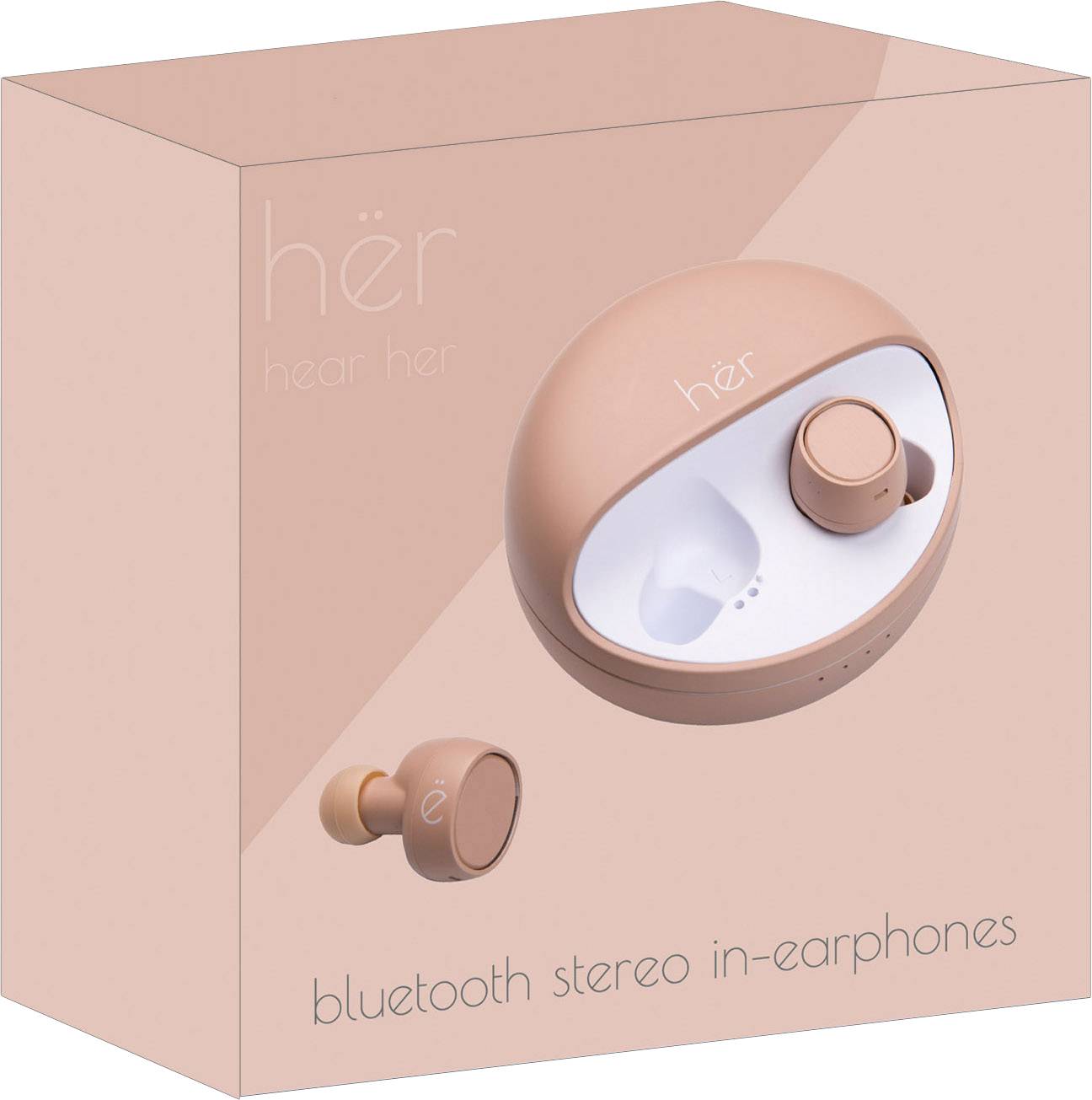 Eine Verpackung mit kabellosen In-Ear-Kopfhörern in Rosa der Marke 'hër'. Text: 'Bluetooth stereo in-earphones'.