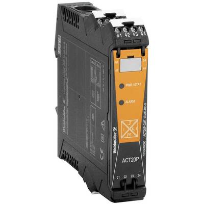 Elektronisches Relaismodul mit orangener Frontplatte, zeigt 'ACT20P' und Weidmüller-Logo. Anschlüsse und Statusanzeigen für 'PWR/STAT' und 'ALARM'.