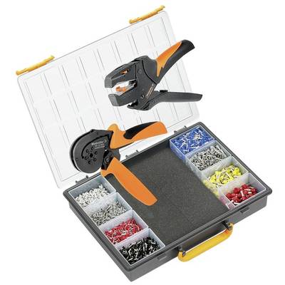 'Crimpzangen-Set mit offenen Fächern voller bunter Kabelschuhe, Drahtabisolierer und Quetschverbinder, in einem Kunststoffkoffer.'
