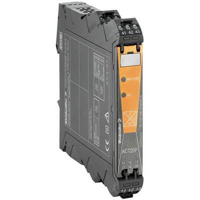 Ein elektronisches ACT20P-Modul von Weidmüller, mit orangefarbener Front. Es zeigt Statusanzeigen, Symbols und Anschlussklemmen.