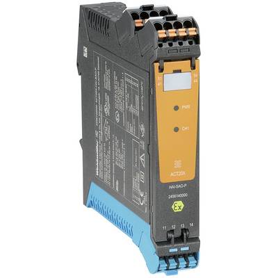 Ein schwarzer, rechteckiger Modul mit orangefarbenem Abschnitt, markiert mit 'PWR' und 'CH1'. Oben und unten farbige Steckanschlüsse.