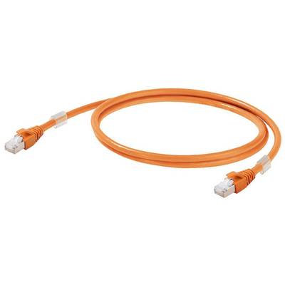Ein orangefarbenes Netzwerkkabel mit RJ45-Steckern an beiden Enden, geeignet für Ethernet-Verbindungen.