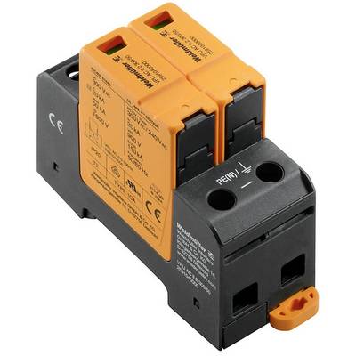 Ein orangefarbenes Überspannungsschutzgerät mit zwei Modulen, auf einem schwarzen Sockel montiert, von oben gesehen, mit technischen Spezifikationen aufgedruckt.