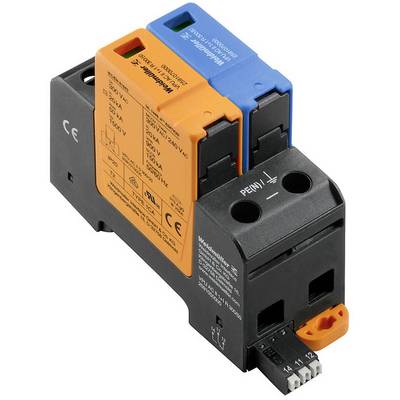 'Überspannungsschutzgerät mit zwei farbcodierten Modulen, orange und blau. Technische Spezifikationen aufgedruckt auf dem Gerät.'