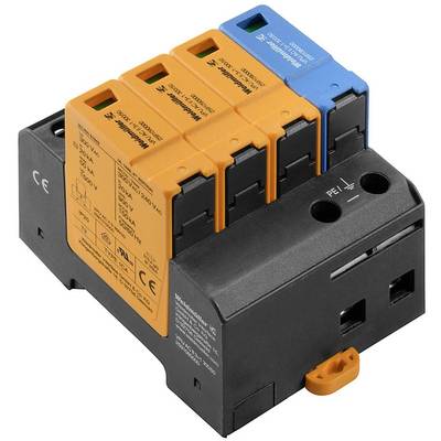 'Überspannungsschutzgerät' mit vier Modulen in Schwarz, Orange und Blau, verwendet zum Schutz elektrischer Systeme vor Überspannungen.