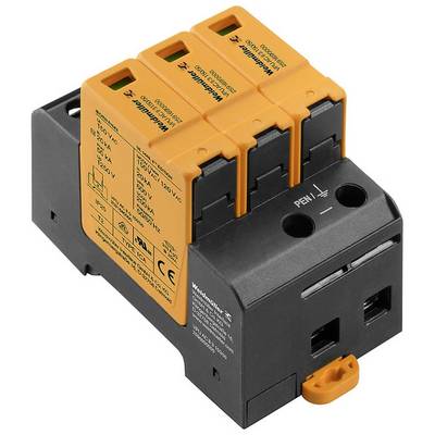 Überspannungsschutzgerät mit drei orangefarbenen Modulen, technische Angaben aufgedruckt. Verwendet zur Elektronikschutzinstallation.