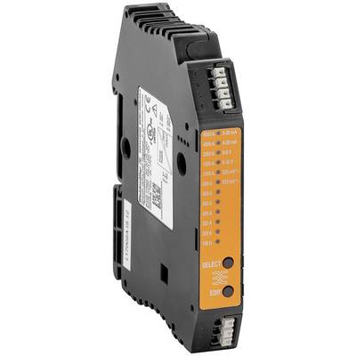 Stromsensor in schwarzem Gehäuse mit orangener Vorderseite, mehreren Strommessbereichen und Anschlüssen, geeignet für industrielle Anwendungen.