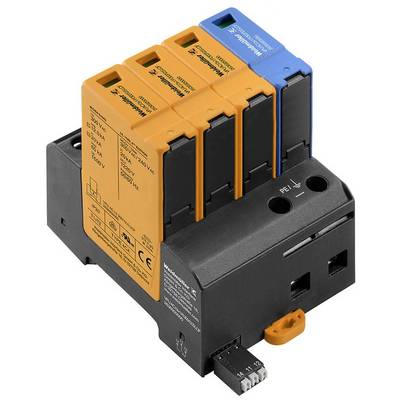 Überspannungsschutzgerät mit vier Modulsteckplätzen in verschiedenen Farben, jeweils mit technischer Beschriftung für elektrische Anwendungen.