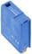 Elektronisches Bauteil in einem blauen Gehäuse mit weißen technischen Spezifikationen auf der Vorderseite.