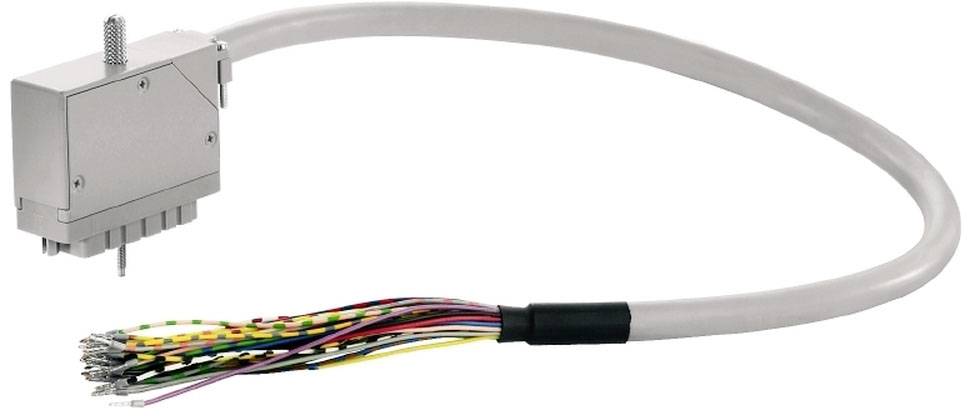 Ein mehrfarbiges Kabelbündel mit silbergrauem Stecker. Auf dem Stecker befinden sich Schrauben zur Befestigung.