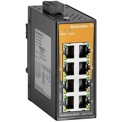 Ein schwarzer Fast Ethernet Switch von Weidmüller mit acht gelben und grünen Ports, geeignet für industrielle Anwendungen.