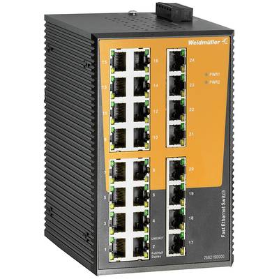 Ein industrieller Ethernet-Switch von Weidmüller mit 24 RJ45-Ports und LED-Statusanzeigen, geeignet für industrielle Netzwerke.