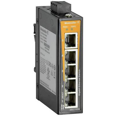 Ein Ethernet-Switch mit fünf RJ45-Ports, markiert mit den Nummern 1 bis 5. Markenname 'Weidmüller' oben rechts auf dem Gerät.