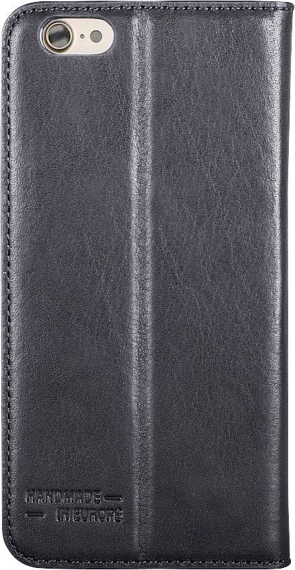 Schwarzes Lederetui für ein Smartphone mit geprägtem Text 'HANDMADE LEATHER CASE'. Die Kameraöffnung ist sichtbar.