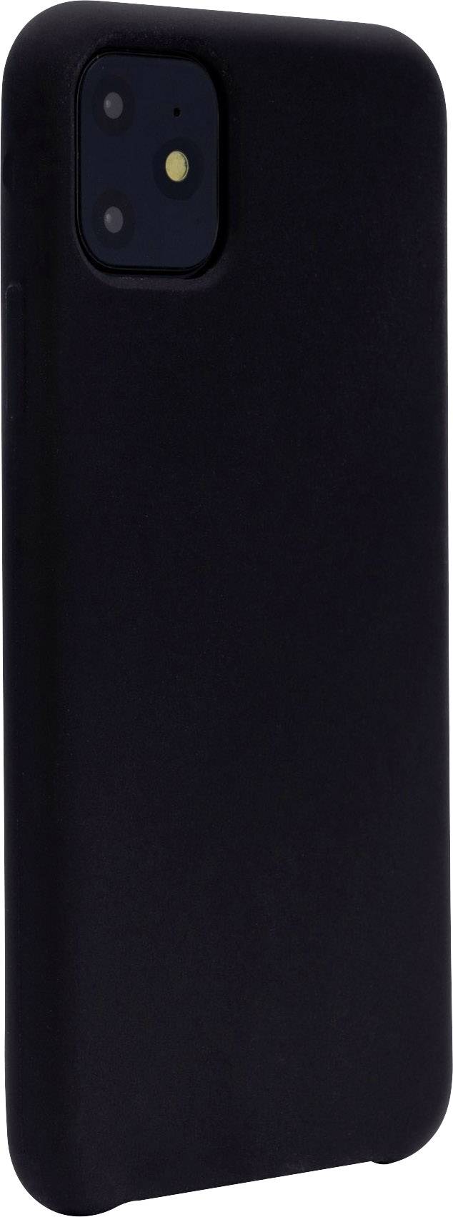 Schwarzes Smartphone in einer schwarzen Hülle, Kameralinsen und Blitzlicht auf der Rückseite sichtbar.