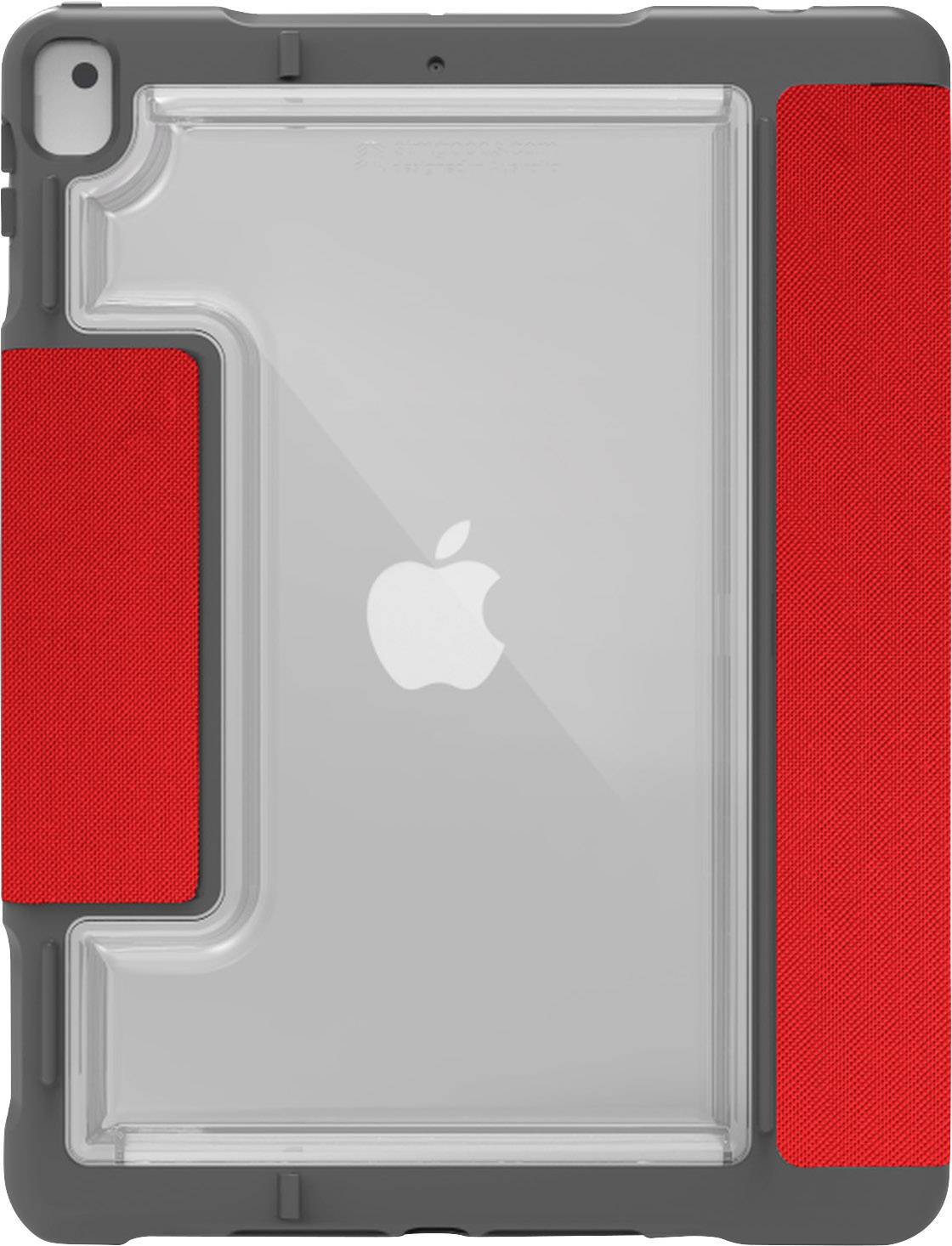 Transparente iPad-Schutzhülle mit grauem Rand und roten Stoffakzenten. Apfel-Logo sichtbar in der Mitte.