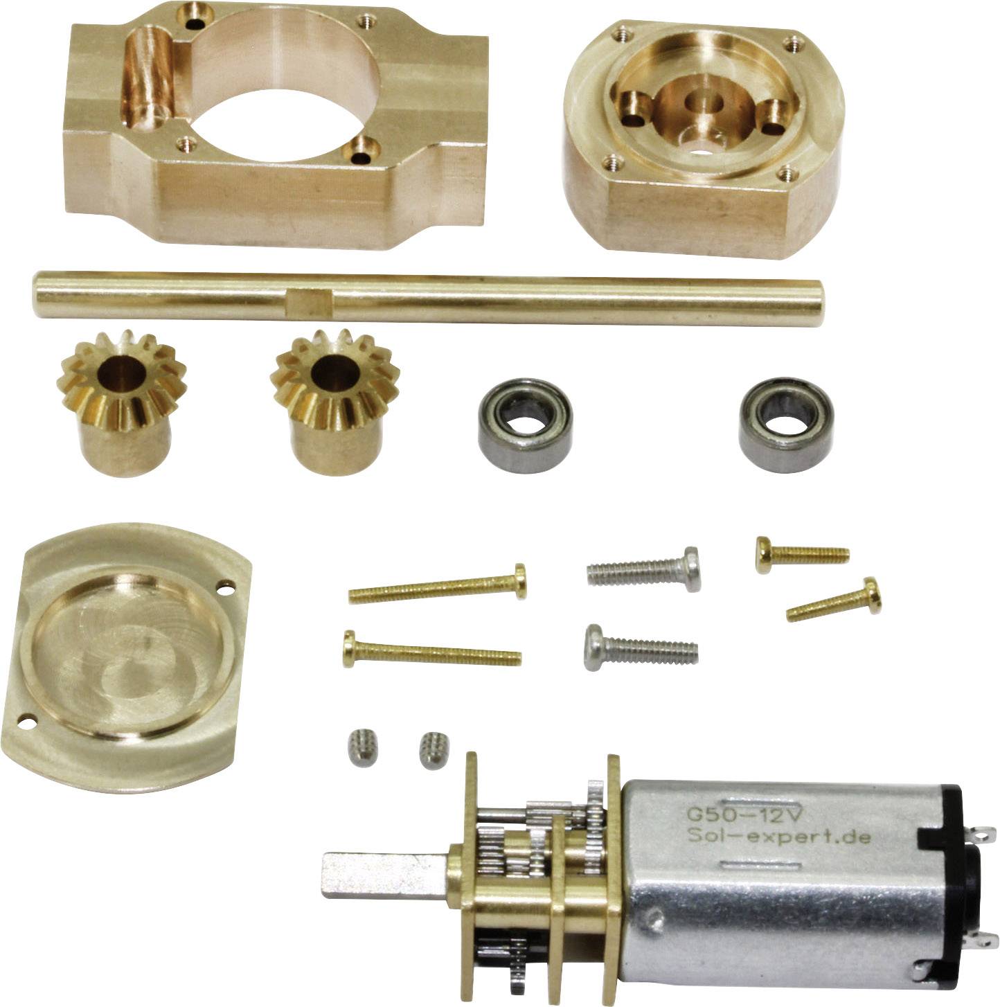 Einzelteile eines Getriebemotors, darunter Zahnräder, Wellen, Gehäuseteile, Schrauben und Lager auf weißem Hintergrund.