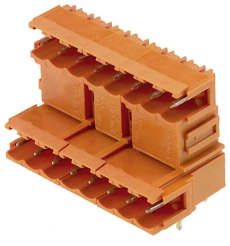 Ein orangefarbener elektrischer Steckverbinder mit mehreren Anschlusspunkten, der für die Verbindung von Kabeln in elektrischen Schaltungen verwendet wird.