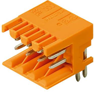 Orange Steckverbinder mit mehreren Metallstiften, zum Verbinden elektrischer Komponenten.