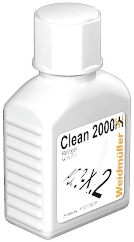 Plastikflasche mit der Aufschrift 'Clean 2000 Reiniger', Weidmüller-Logo an der Seite. Essentielles Reinigungsprodukt.