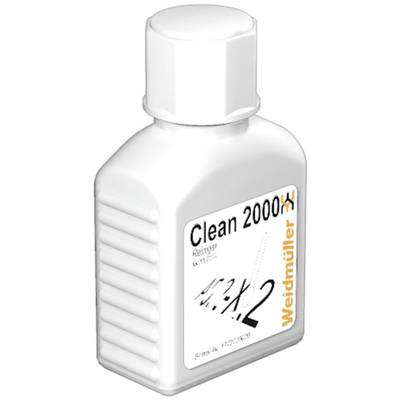 Plastikflasche mit der Aufschrift 'Clean 2000 Reiniger', Weidmüller-Logo an der Seite. Essentielles Reinigungsprodukt.