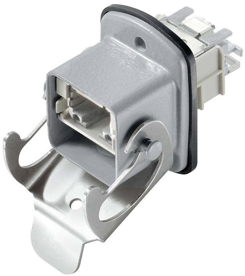 Ein rechteckiger, metallisch-silberner Adapter mit Halterung und zwei Anschlüssen, geeignet für die Integration in technologische Geräte.