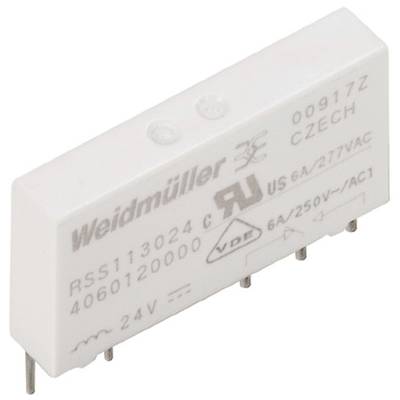 Ein weißes Weidmüller-Relais mit Modellnummer RSS113024. Es ist für 6A/250V~AC geeignet und wurde in der Tschechischen Republik hergestellt.