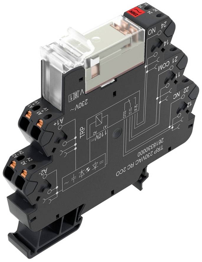 Relaismodul mit transparentem Gehäuse oben und schwarzer Basiseinheit mit Schaltplan. Beschriftungen: '230V', 'TRP', 'T9 230V AC 50/60'.