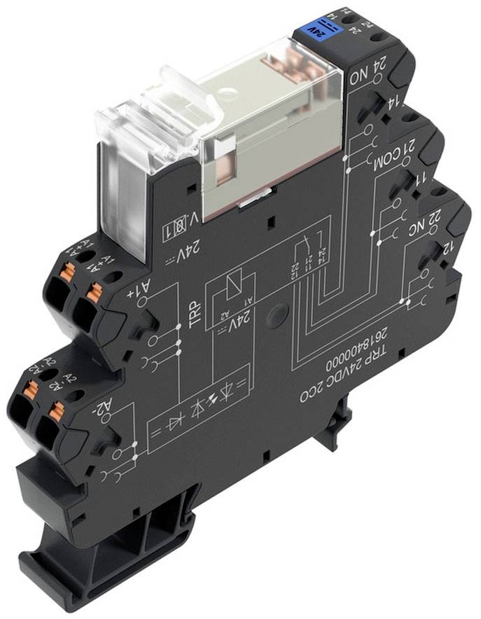 Ein elektrisches Relais mit aufgedruckten Schaltsymbolen. Es hat mehrere Anschlüsse für die Installation in elektrischen Systemen.