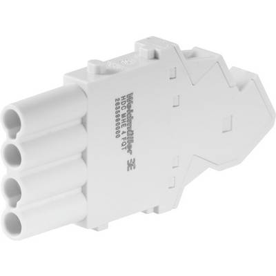 Ein weißer elektrischer Stecker mit vier runden Anschlüssen, beschriftet mit 'Weidmüller HDC 54 4 1 QT 2035900000'.